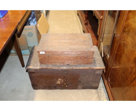 A wooden and metal bound trunk  AF; and a wooden storage box 