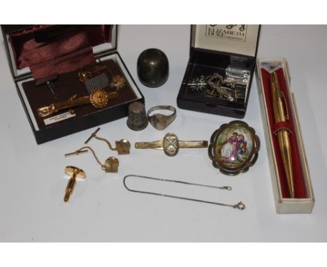 A rolled gold propelling pencil; a collection of cuff-links; various jewellery including a white metal ring and an enamel dec