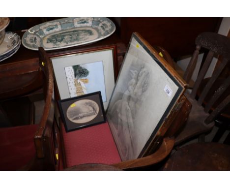 M. Bill, pencil sketch; watercolour study of a church; a black and white print "View of Bognor" and a gilt triptych mirror 