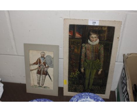 An unframed oil painting, study of young child; and an unframed watercolour study of a warrior 