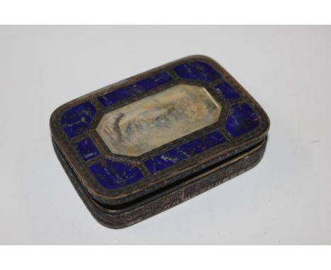 A white metal and blue enamel decorated snuff box, the lid decorated with central panel, overall weight approx. 113gms