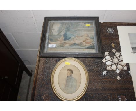 A classical style print entitled "Pirame Et Thisbe"; and an oval portrait study of a gentleman 
