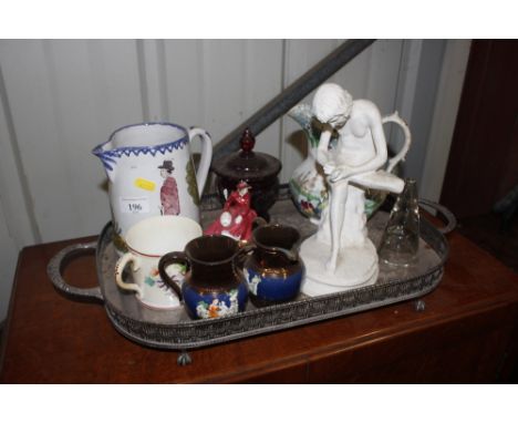 A silver plated galleried tray; a Quimper style jug; two copper lustre jugs; a Royal Doulton figure "Emma"; a ruby flash glas