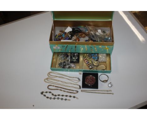 A large Fortnum &amp; Mason box containing various costume jewellery, watches, silver clasps, compact etc. 