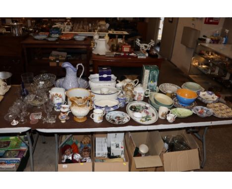 A large collection of various glass and china to include blue and white wash jug and bowl, Denby, Portmeirion, Carltonware et