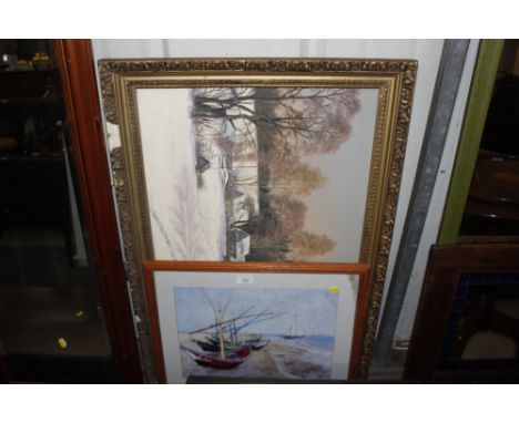 An oil on canvas, study of a winter landscape; and a coloured print of moored boats 