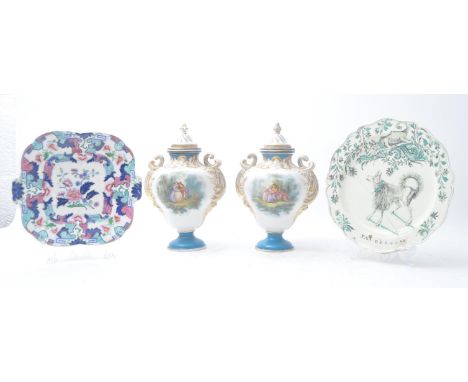 A pair of 19th century continental, likely French, twin handled lidded urns / vases, along with a Minton &amp; Hollins Imari 