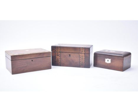 A collection of three mid-late 19th Century and onwards inlaid wooden jewellery boxes. The largest being a tea caddy with Tun