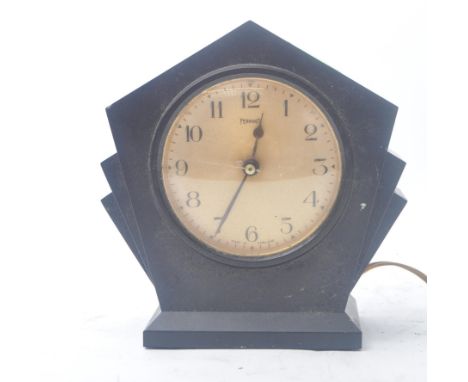 Ferranti - a retro Art Deco style mid century electric mantle / desk clock. The clock in black chrome, with a numerical face 