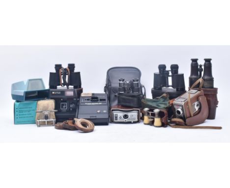 A collection of vintage mid 20th century cameras and binoculars. The cameras to comprise a Polaroid 640, a Kodak EK160-EF, Ha