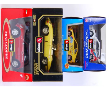 BURAGO: A collection of 4x Burago larger scale diecast model cars (2x 1:18 and 2x 1:24 scale). To include Jaguar, Mini, Ford 