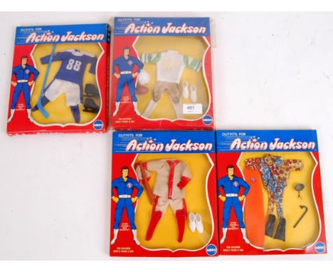 ACTION JACKSON; A collection of 4x original vintage retro Mego made Action Jackson outfit / uniform sets. Each within the ori