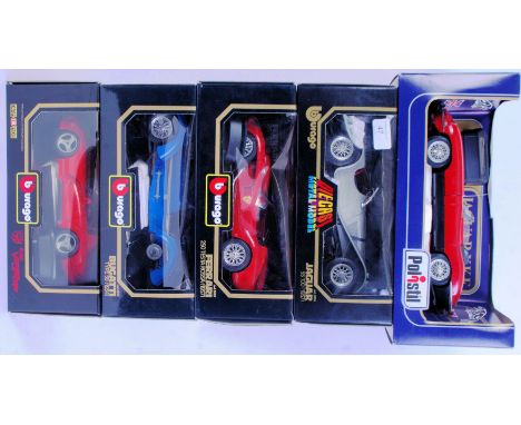 1:18 SCALE: A collection of 5x 1:18 scale boxed diecast model cars. 4x Burago and 1x Polistil model. Dodge, Bugatti, Ferrari,