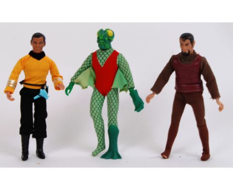 MEGO: A collection of 3x vintage Mego action figures, all from the Star Trek series. One coming complete with belt and blaste