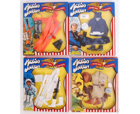 ACTION JACKSON; A collection of 4x original vintage retro Mego made Action Jackson outfit / uniform sets. Each within the ori