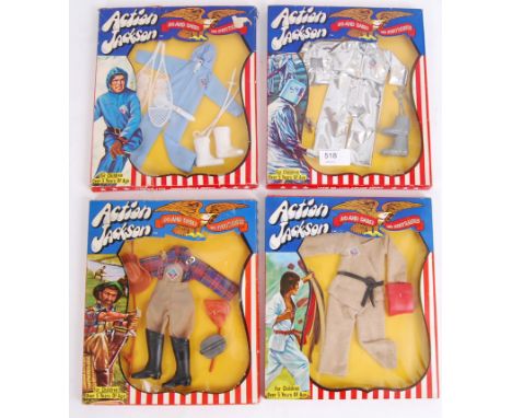 ACTION JACKSON; A collection of 4x original vintage retro Mego made Action Jackson outfit / uniform sets. Each within the ori