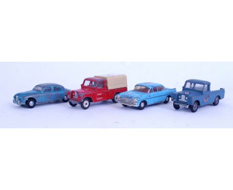 SPOT ON: A collection of 4x original vintage 1:42 scale Spot On diecast model cars to include 2x Land Rovers (RAF & Fire Dept