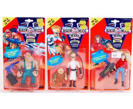 BIKER MICE FROM MARS: A collection of 3x vintage Galoob made Biker Mice From Mars carded action figures. Greasepit, Karbunkle