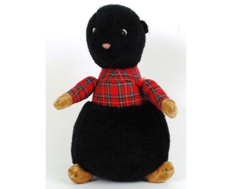 MERRYTHOUGHT: A vintage Merrythought stuffed toy teddy bear in the form of a Mole. Black body, with tartan clothing, original