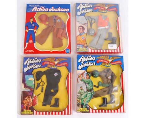ACTION JACKSON; A collection of 4x original vintage retro Mego made Action Jackson outfit / uniform sets. Each within the ori