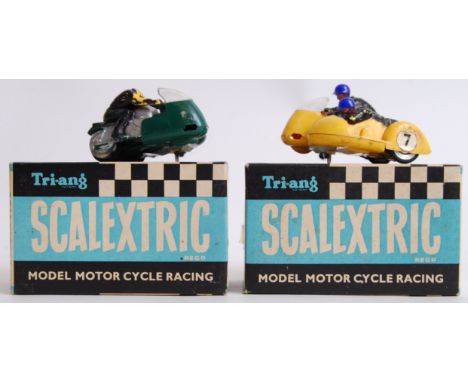 SCALEXTRIC: A rare set of vintage Scalextric motorcycles and sidecar electric racing vehicles. Both within the original boxes