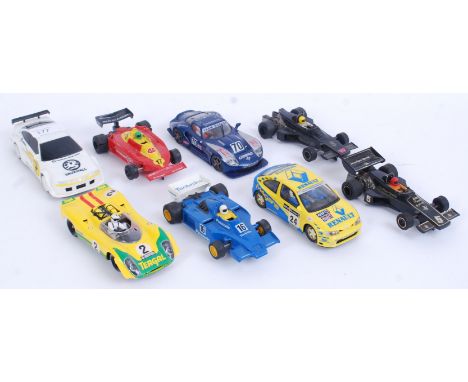 SCALEXTRIC: A collection of 8x vintage Scalextric cars - L5184, Marcos, Lotus Special, Porsche, Renault and others. Some AF.