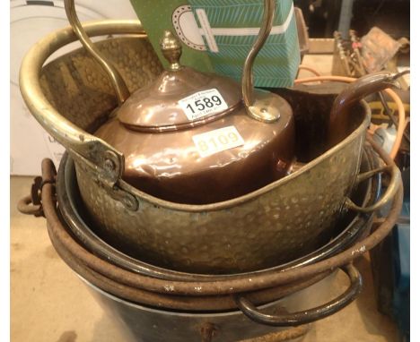 Two vintage jam pans, brass coal scuttle and a copper kettle. Not available for in-house P&amp;P, contact Paul O'Hea at Mailb