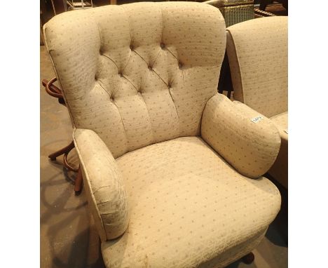 Upholstered chair with button back and wooden legs to match previous lot. Not available for in-house P&amp;P, contact Paul O'