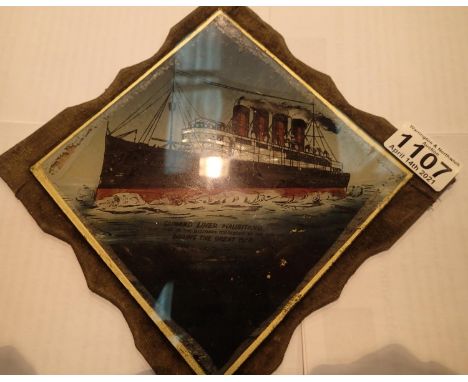 Painted glass tile of the cunard liner Mauretania, mounted on board backing. P&amp;P Group 2 (£18+VAT for the first lot and £