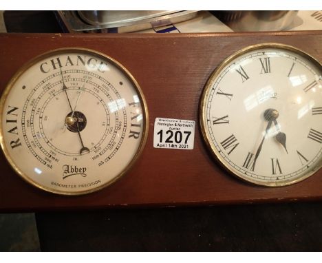 Abbey barometer and quartz clock on teak mount. P&amp;P Group 1 (£14+VAT for the first lot and £1+VAT for subsequent lots)Con