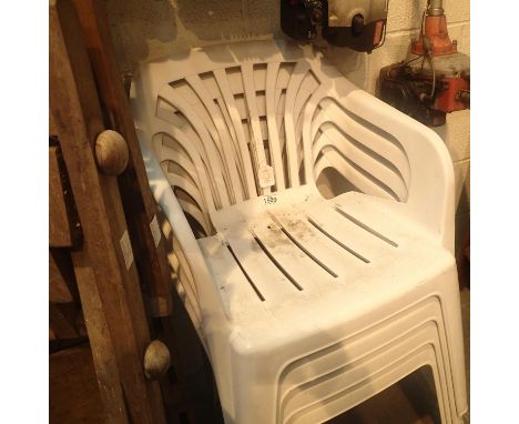 Set of four white plastic garden chairs. Not available for in-house P&amp;P, contact Paul O'Hea at Mailboxes on 01925 659133 