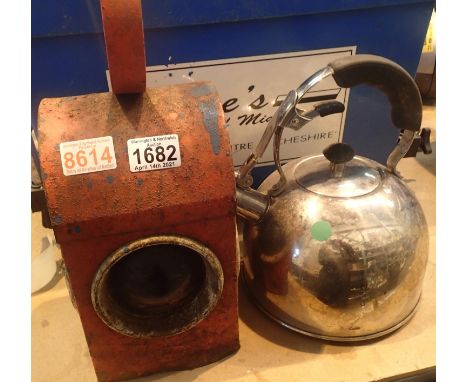 Vintage painted worklight and a stainless steel kettle. Not available for in-house P&amp;P, contact Paul O'Hea at Mailboxes o