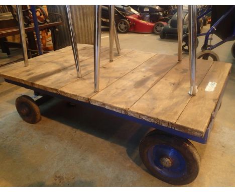 Metal framed four wheeled vintage porters trolley. Not available for in-house P&amp;P, contact Paul O'Hea at Mailboxes on 019