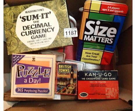 Box containing a selection of vintage card games and puzzles including Kan Ugo, British Towns, Size Matters etc. Not availabl