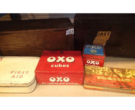 Collection of vintage tins including Oxo, first aid etc, some with contents and a painted first aid box. Not available for in