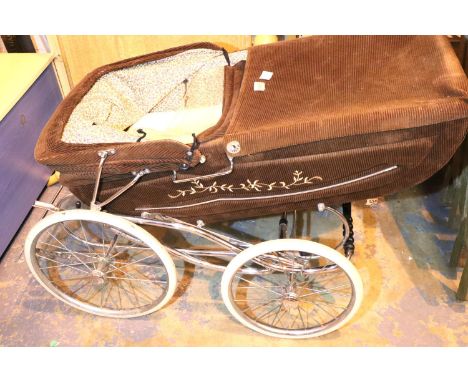 Vintage silver cross style pram in brown corduroy. Not available for in-house P&amp;P, contact Paul O'Hea at Mailboxes on 019