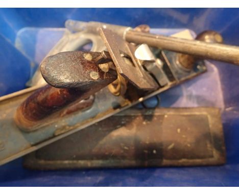 Mixed tools including Record No 5 plane; Eclipse No 20 hacksaw; oil stone; Salters No 3 packet balance etc. Not available for