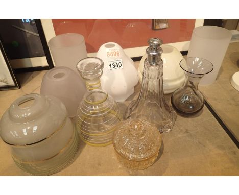 Shelf of mixed glass including vintage shades. Not available for in-house P&amp;P, contact Paul O'Hea at Mailboxes on 01925 6