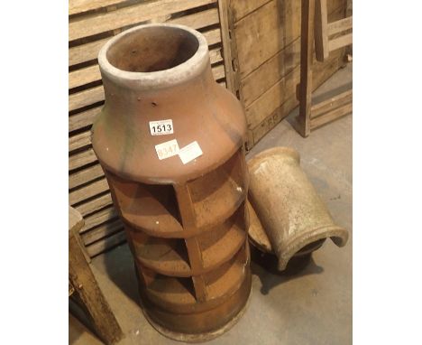 Terracotta ceramic chimney stack and a further cowl, H: 82 cm. Not available for in-house P&amp;P, contact Paul O'Hea at Mail