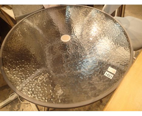 Large tubular steel glass top garden table, D: 80 cm. Not available for in-house P&amp;P, contact Paul O'Hea at Mailboxes on 