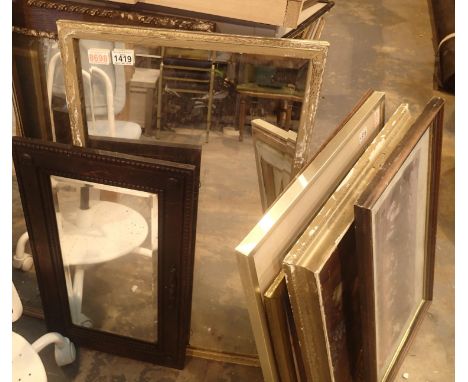 Three vintage bevelled edge mirrors in wooden surrounds, largest 90 x 65 cm. Not available for in-house P&amp;P, contact Paul