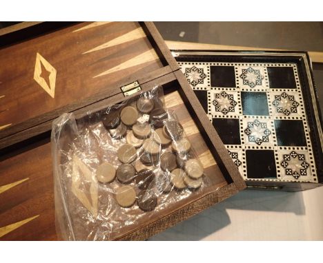 Inlaid wooden games compendium (part set) and a wooden backgammon set. Not available for in-house P&amp;P, contact Paul O'Hea