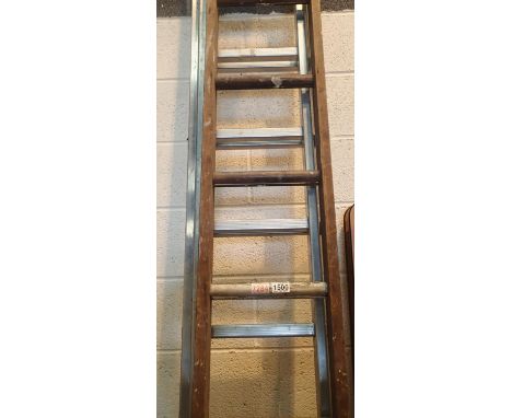 Twenty six rung aluminium double extension ladder and eleven rung wooden ladder and three rung aluminium ladder. Not availabl