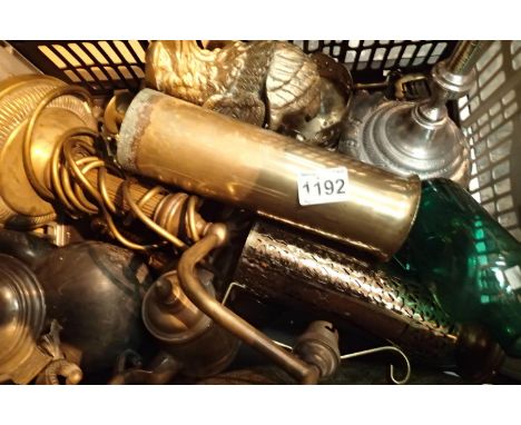 Box of mixed metalware, candlestick holder, shell case, Martin Gale etc. Not available for in-house P&amp;P, contact Paul O'H