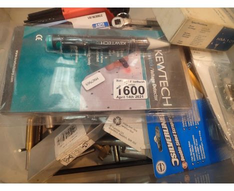 Mixed tools including spanners; forstner bits; allen keys; digital TV signal metre &amp; voltage detector; voltmeter etc. Not