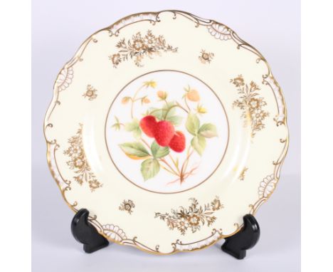 A Royal Worcester wall plate with red and gilt border and central floral panel signed Barker, 10 1/2" dia, a Minton wall plat