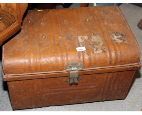 A 19th Century brown metal trunk, a blue school trunk and a similar brown trunk