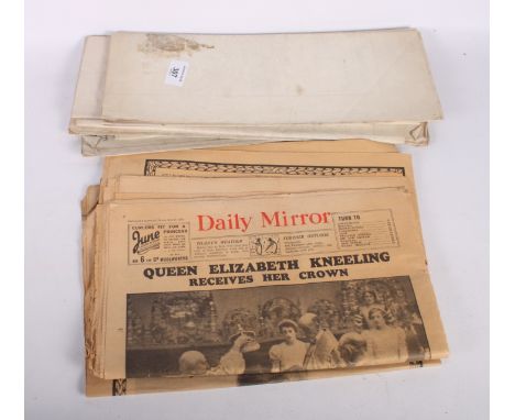 Two copies of The Times newspaper commemorating the funeral of George V and a copy of the Daily Mirror commemorating the Coro