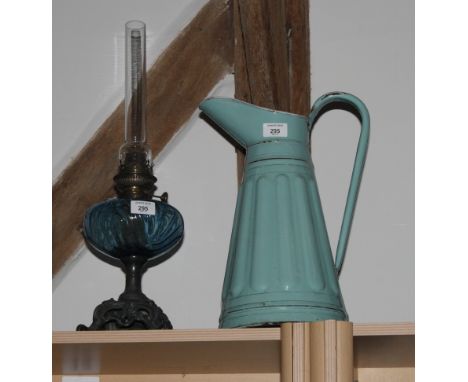 A late 19th Century brass oil lamp, an enamelled jug and an onyx and brass mounted vase (now converted as a table lamp)