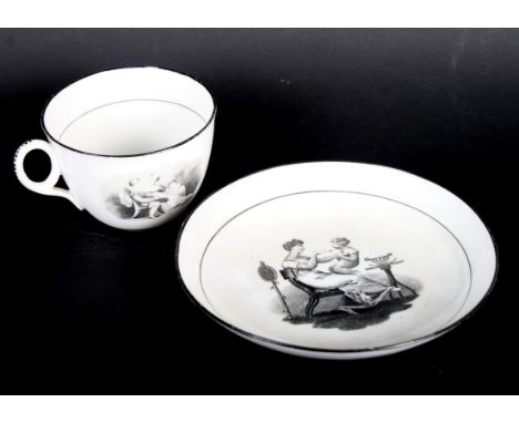 A New Hall tea cup and saucer with Adam Buck design, two continental tea cups and saucers and a figure of a woman holding a f